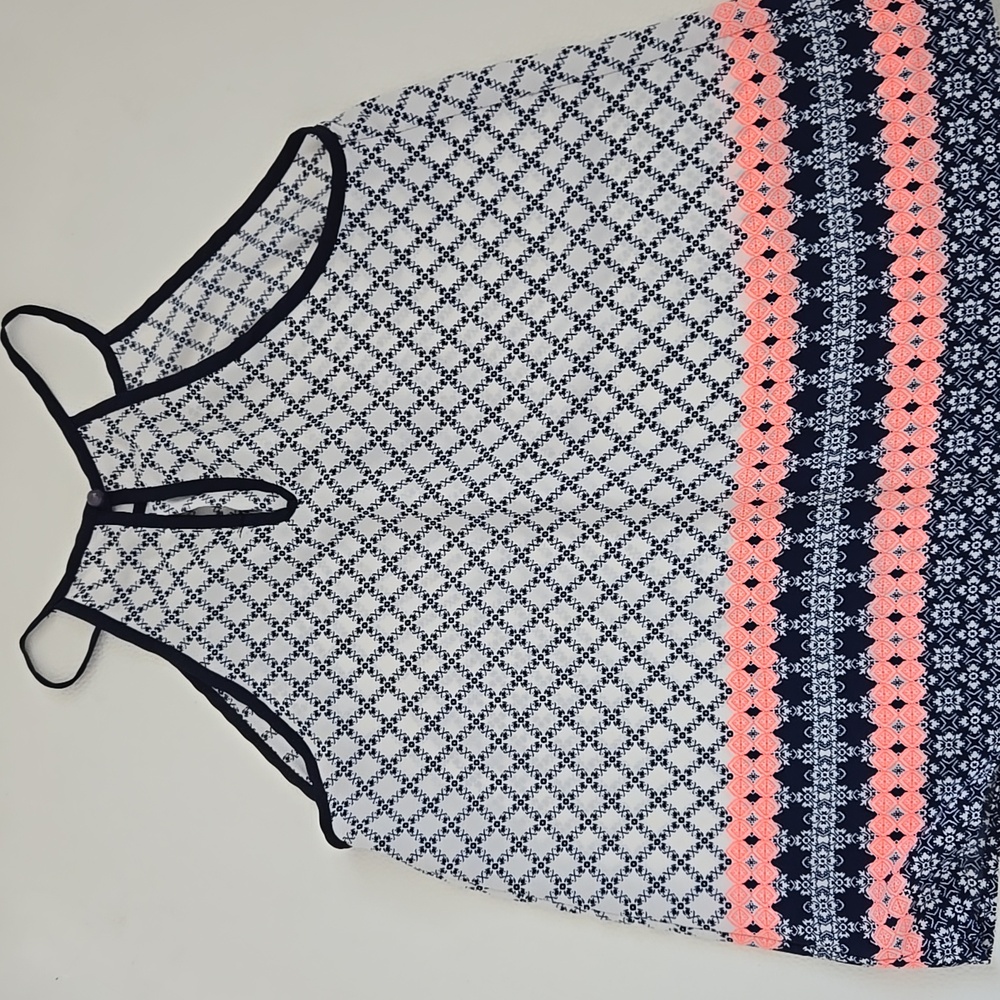Papaya Women's Sleeveless Patterned Top - Navy, White and Neon Salmon - Picture 4 of 4